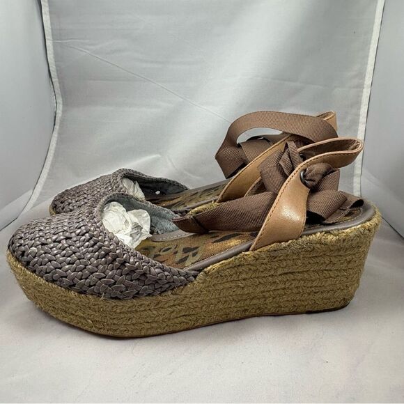 SAM EDELMAN Brown Woven Espadrille Wedge Sandals with Ribbon Tie, Size 7.5 - Picture 4 of 8
